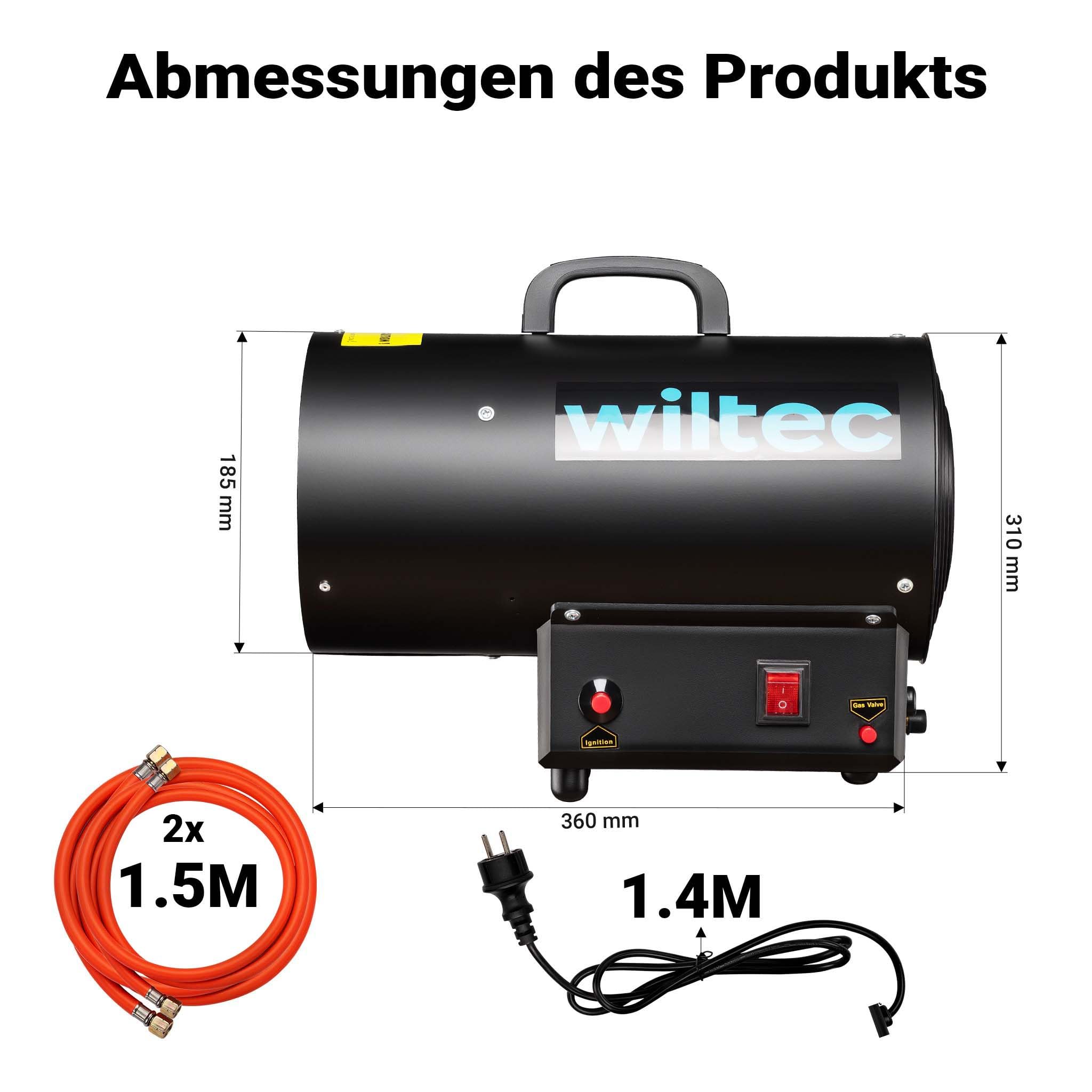 Wiltec Generatore di calore a gas GPL, 15 kW 30 W 320m³/ora, cannone aria calda con avviamento piezoelettrico, incluso riduttore di pressione del gas per l'Italia 700 mbar con tubo da 1,5 m