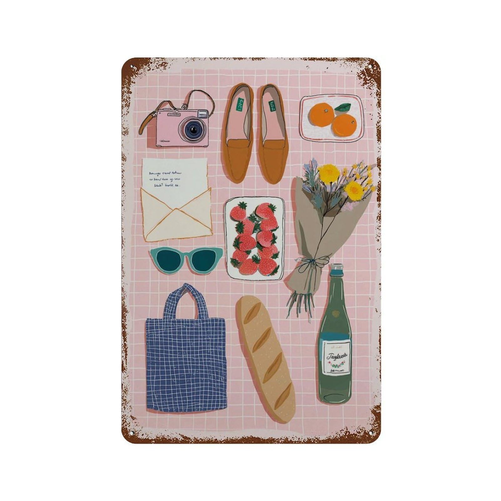 xiaoxiaoshen Parisian Picnic Pink Aesthetic with Flowers Baguette And Camera Modern Kitchen O Wall Decor Art Metal Tin Poster Modern Home Decor Art Home Bar Shop Decorations Vintage Sign 30x20cm