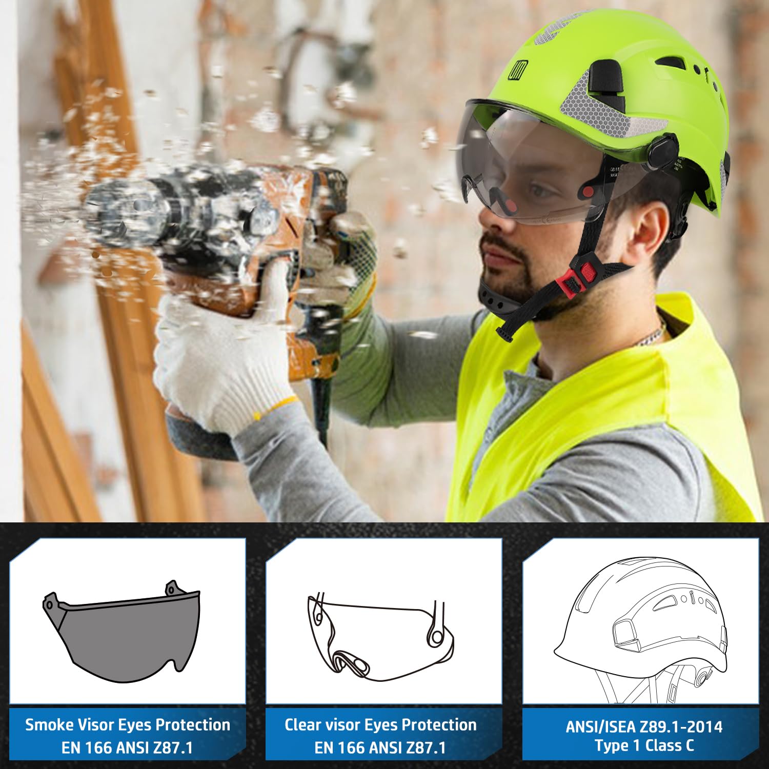 UM ULTRAMAXX Casque de sécurité avec visière intégrée, design ventilé, certifié ANSI Z89.1, idéal pour l'industrie et la construction