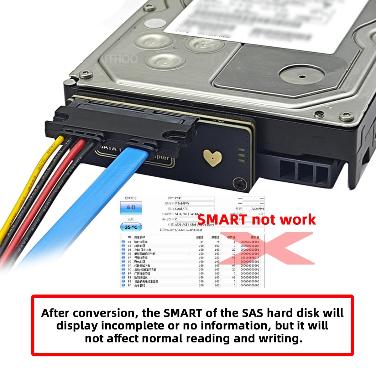 CY Adaptador Raid de Disco Duro SFF-8482 SAS de 29 Pines a SATA de 7+15 Pines de 22 Pines con chipset Controlador SAS y Puerto de alimentación