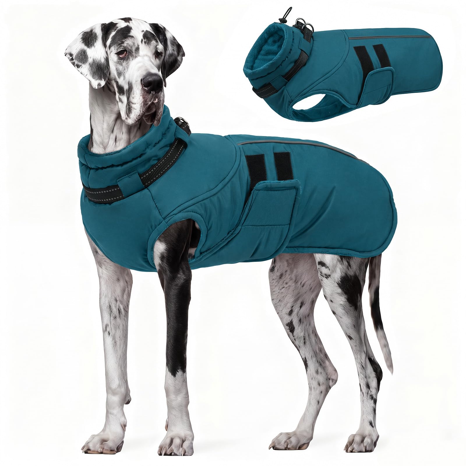 IECOii Dog Waterproof Fleece Coat,Extra Large Dog Jacket,Snowproof Dogs Coats Thick Fleece Pet Jacket with Adjustable Collar,Reflective Winter Coat for Dogs Cold Weather Walking Playing,Lake-Blue,5XL