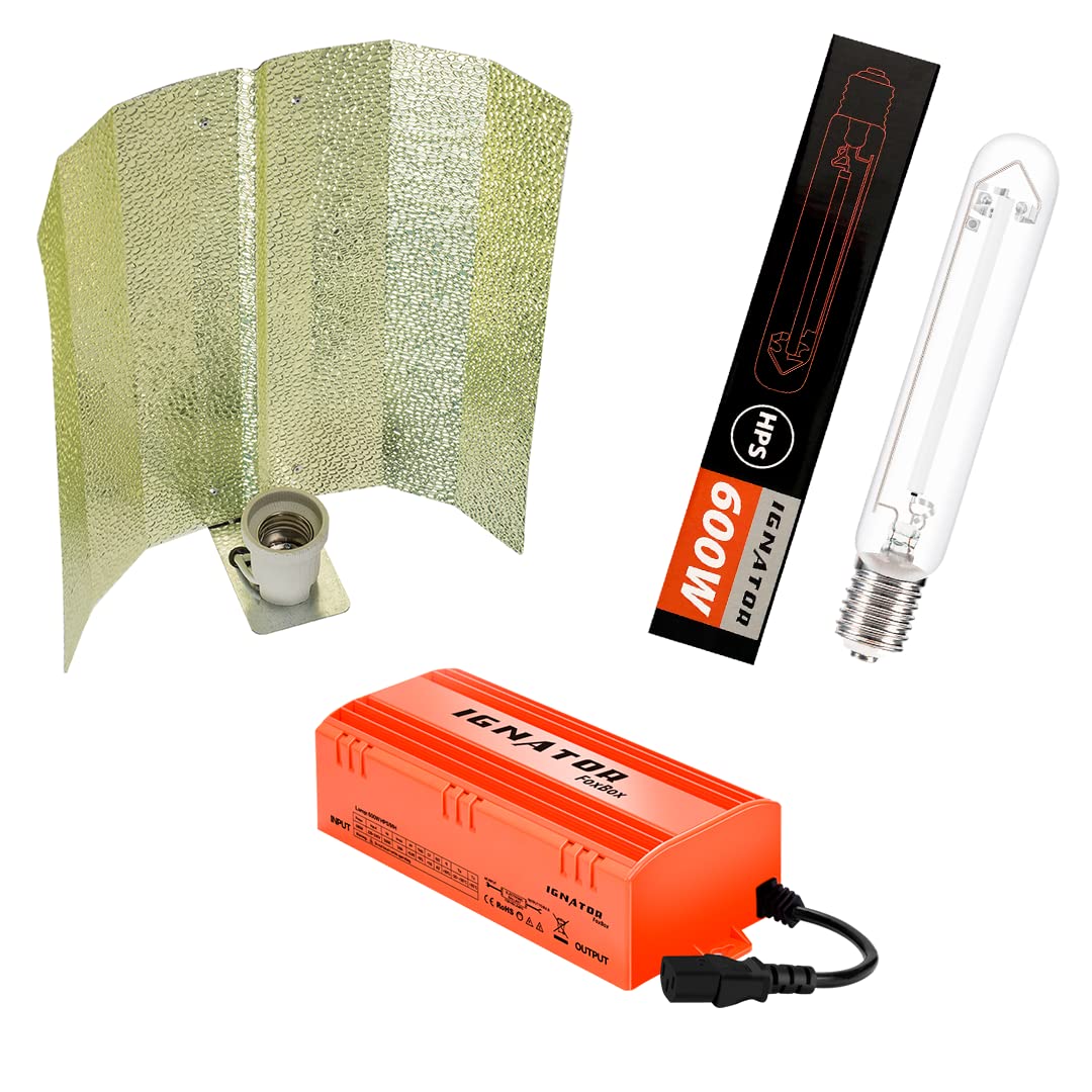 Kit Ignator de Cultivo con balastro electrónico 600W FoxBox (Crecimiento/floración, Reflector stucado) Equipo de Alta eficiencia energética. Lámpara HPS. Color Naranja.
