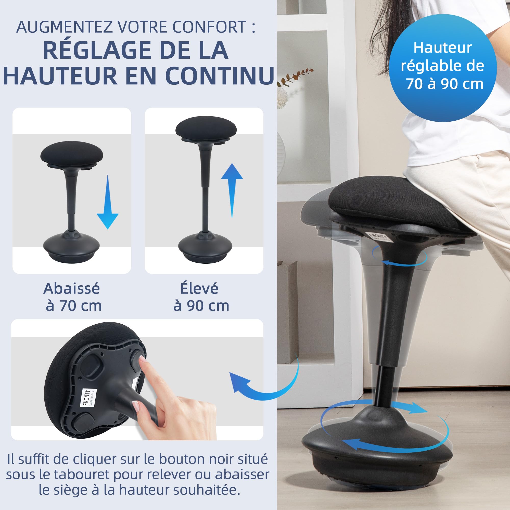 HOMCOM Tabouret de Bureau Debout, Tabouret Ergonomique, réglable en Hauteur 70-90 cm, Large Socle, siège Bascule à 360°, avec Coussin rembourré et Patins antidérapants, Noir