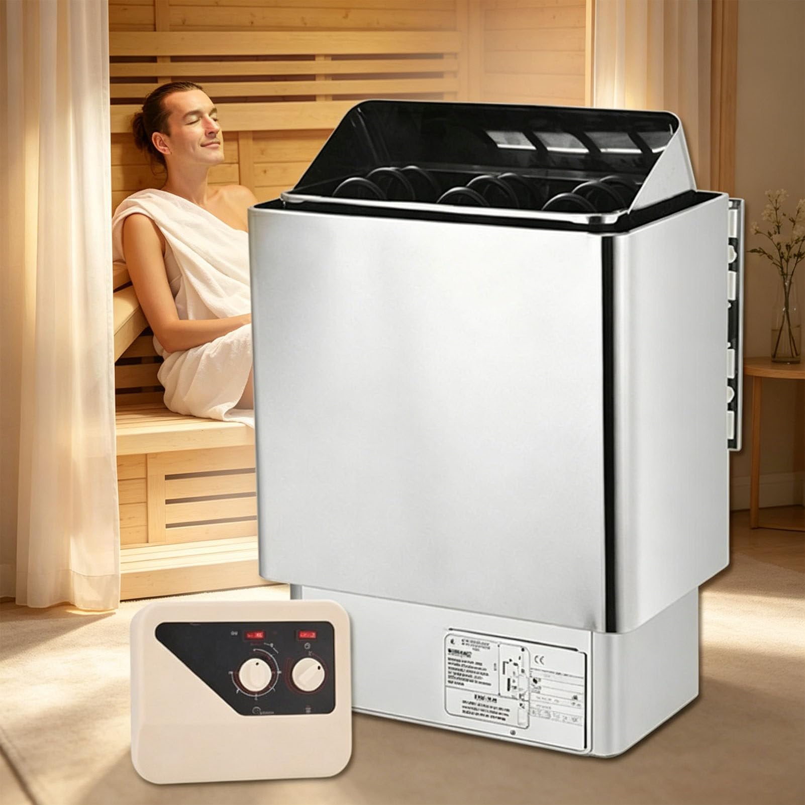 PioMue Electric Sauna Heater Stainless Steel,Dry/Steam Sauna Heater with External Controller for Dry Steam Room, Perfect for Home Spa and Wellness Areas 220V-6KW