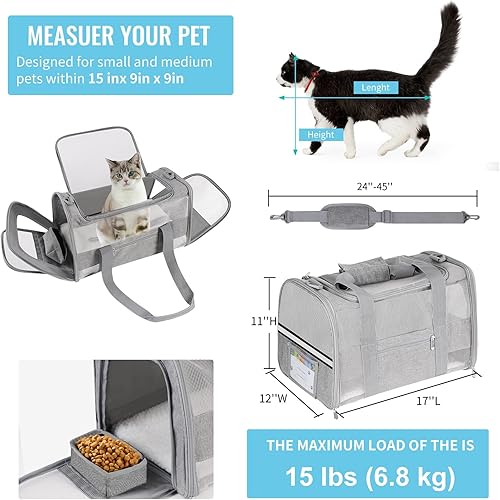 Miniatura 5 de Transportador de gatos para perros, aprobado por aerolíneas para perros pequeños, gatos medianos, cachorros de menos de 15 libras, plegable y de