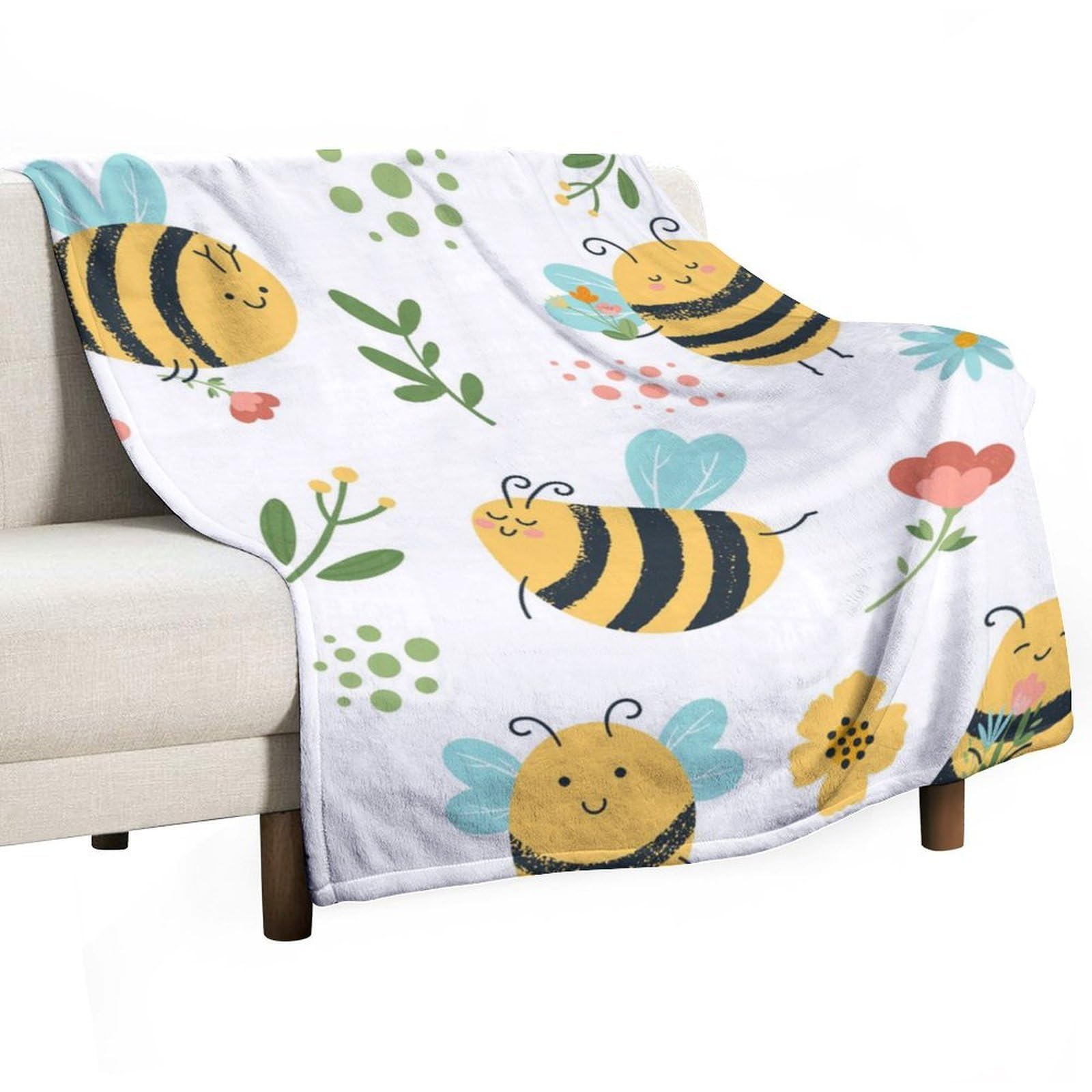 Hxwokrum Flannel Blanket, Bee Flower Throw Blanket for Couch Sofa Bed Office, Soft And Comfortable Without Pilling