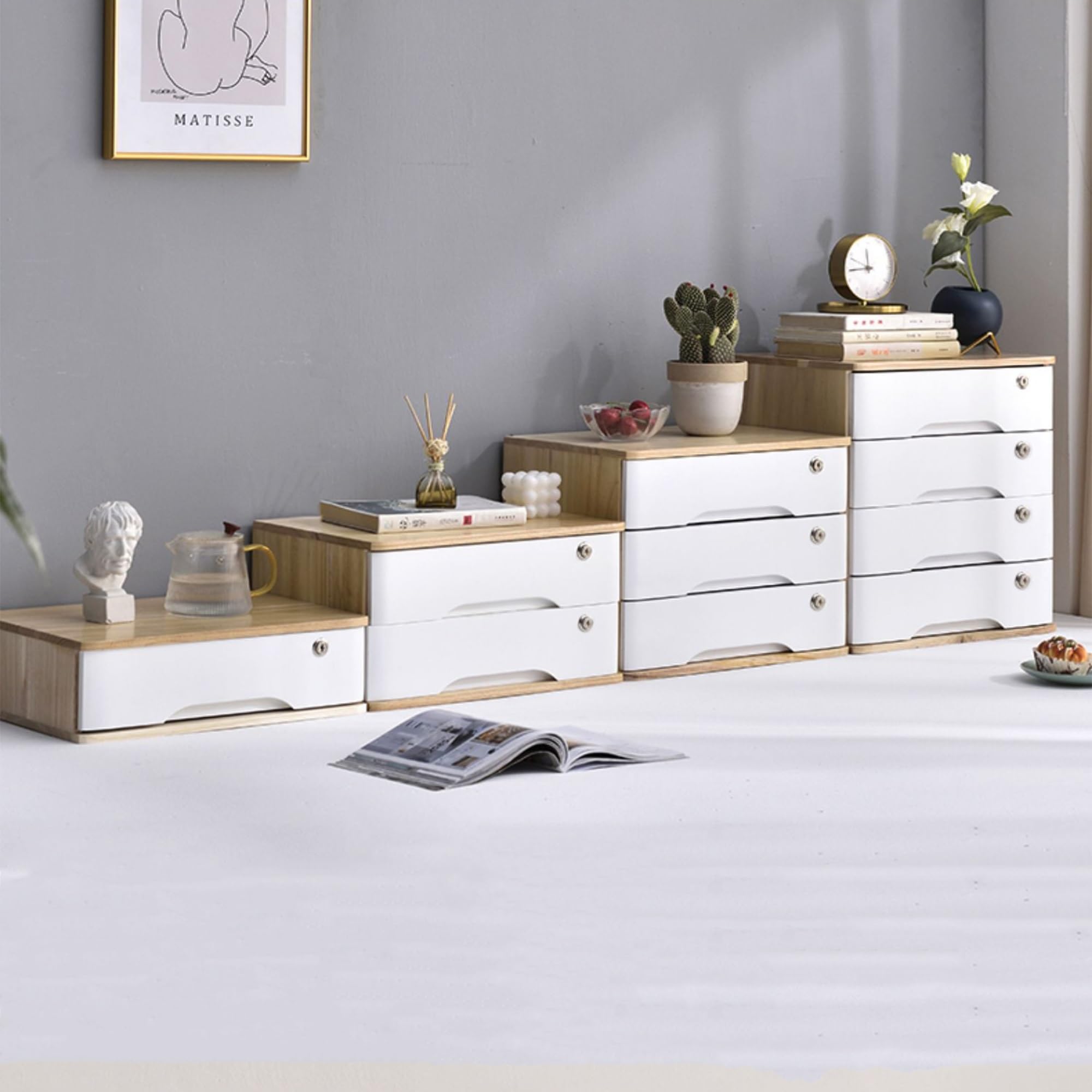 Holz-Schubladenbox, Schreibtisch-Organizer mit 4 Schubladen, Schloss, A4-Quittungsordner-Organizer, Mini-Holzkommode für Zuhause, Küche, Büro (C, Weiß, Nussbaum, Gelb)