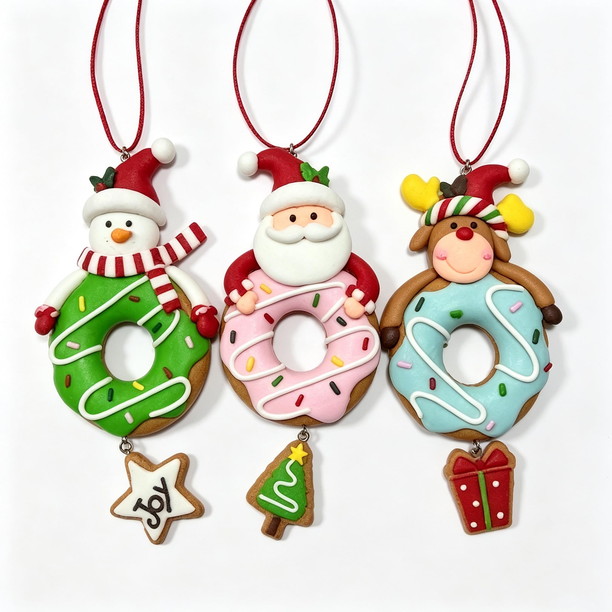 Lot de 3 donuts de Noël en argile polymère à suspendre