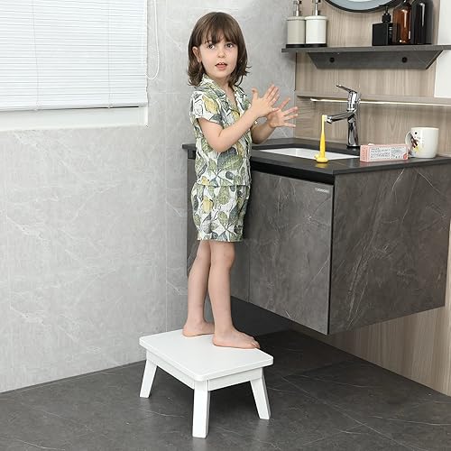Miniatura 5 de HOUCHICS Taburete blanco de un solo paso para adultos y niños, taburete de madera para cocina, baño, dormitorio