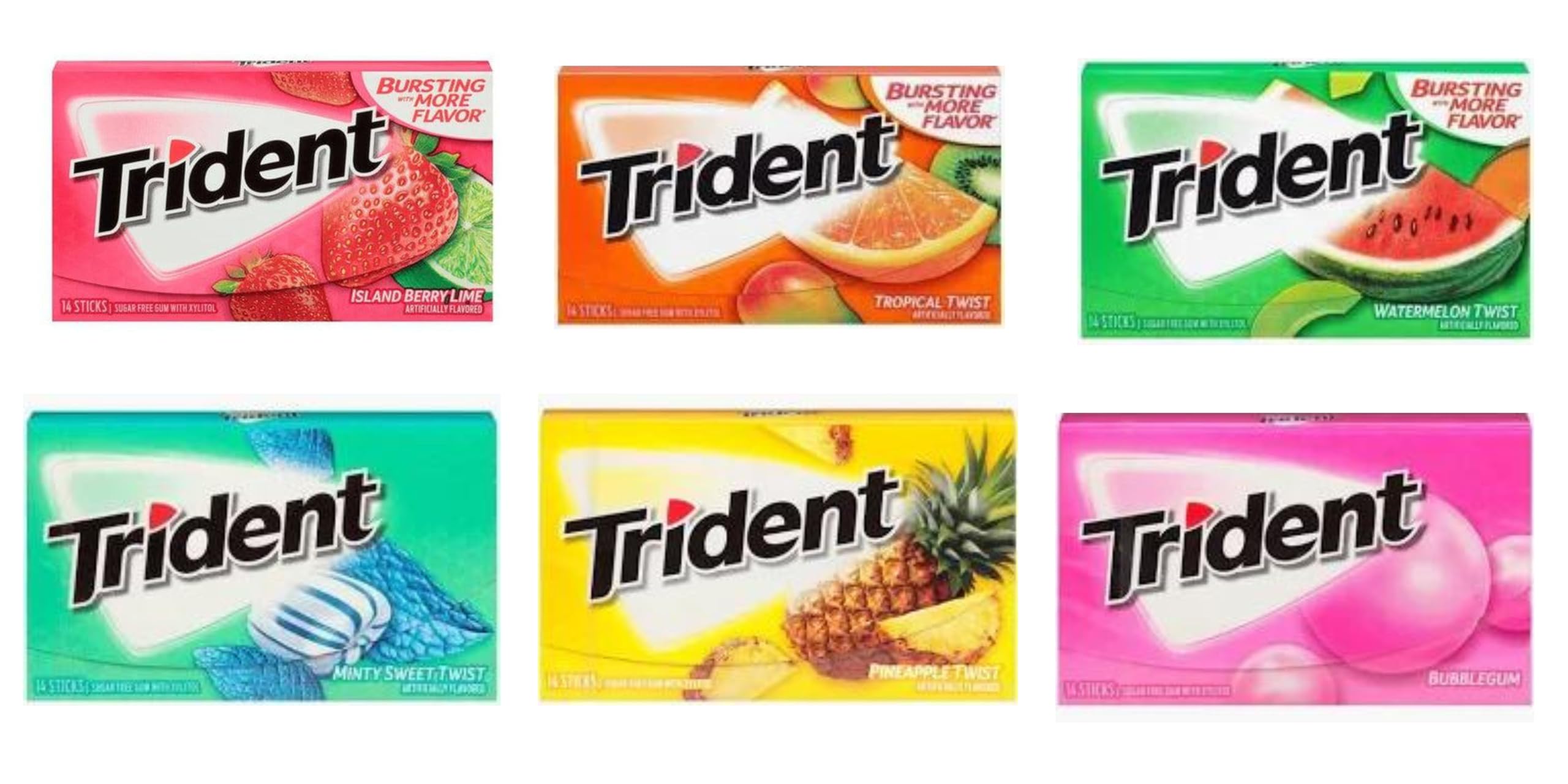 TRIDENT Sugar-Free Gum 6-Pack Variety Collection |Watermelon | Bubblegum | Tropical| Island Berry | Minty Sweet | Pineapple | - From USA