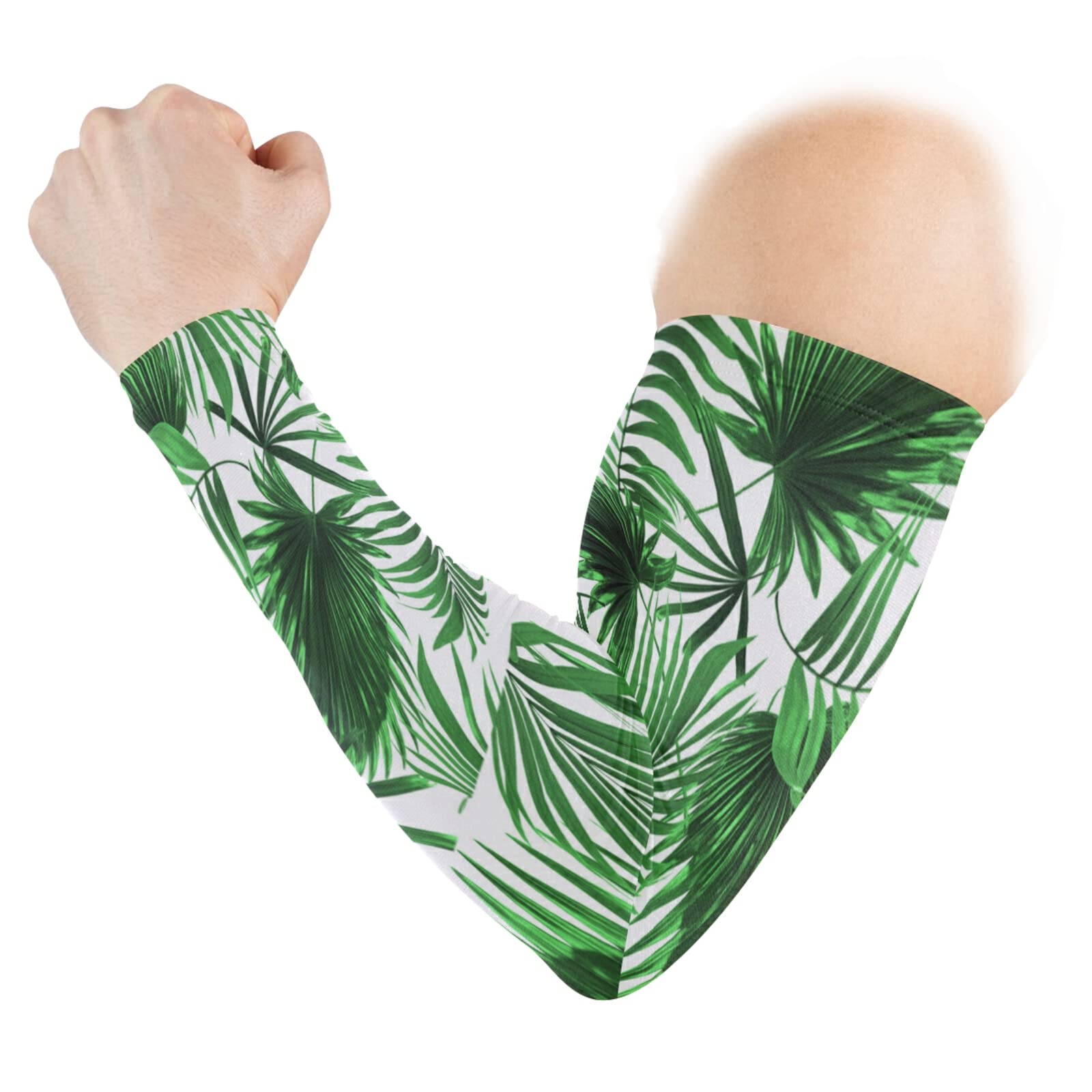 Seamless Green Tropical Palm Leaves on White Background 1 Pair Cooling Sports Arm Sleeves, Cover Uv Sun Protection Warmer for Sports Men Women Running Golf Cycling Riding Jogging