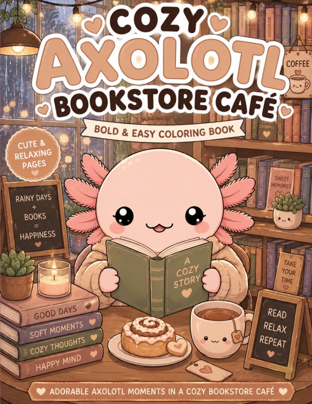 Cozy Axolotl Bookstore Café: Cute & Relaxing Bold and Easy Coloring Book with Cozy Bookstore Moments, Rainy Reading Nights and Café Vibes for Stress Relief and Relaxation (Cozy Axolotl Universe)