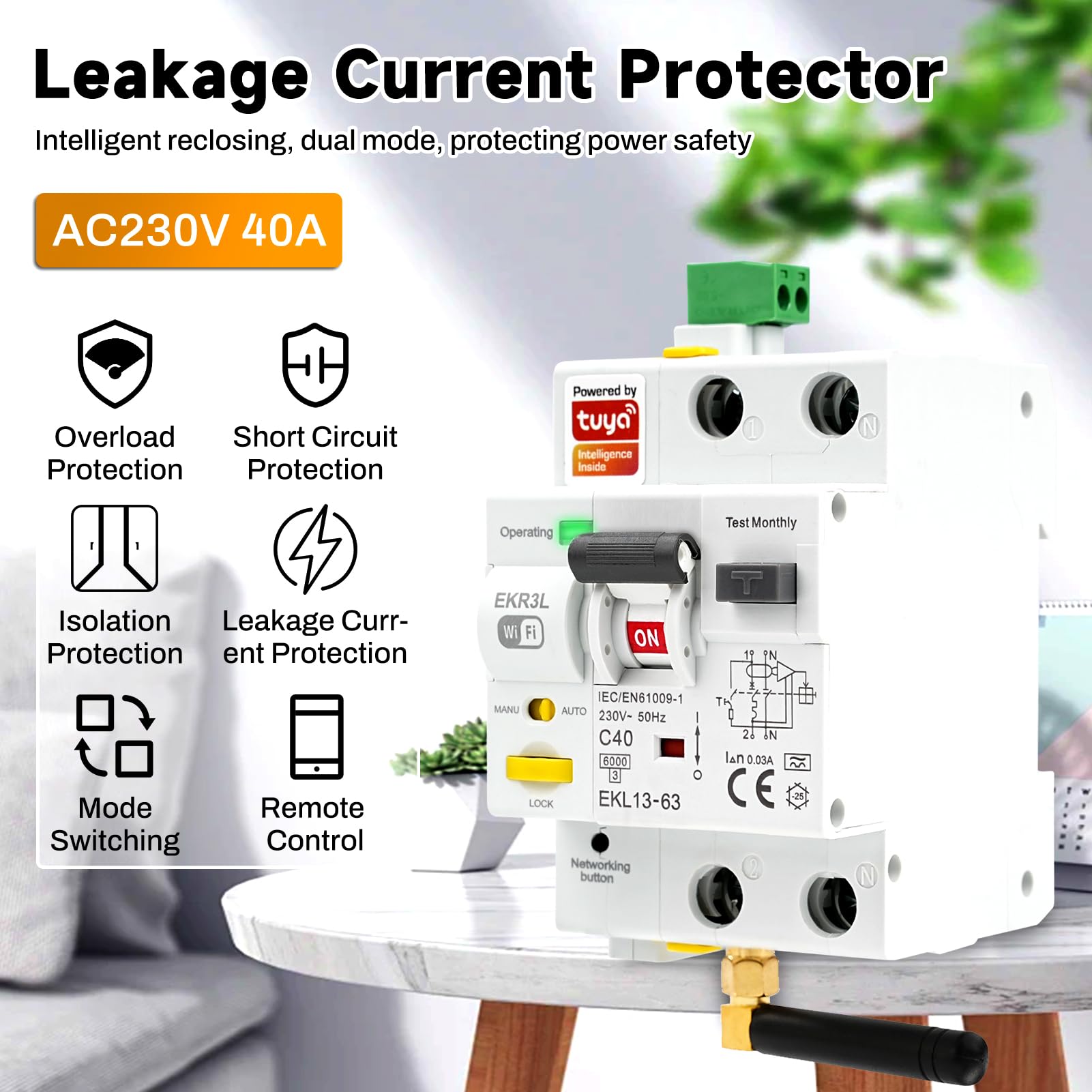 Jadeshay Disjoncteur Differentiel 30ma 40A 2 Pôles A Type Disjoncteur Intelligent RCCB Dispositif à réenclenchement Automatique WiFi AC230V Contrôle TUYA (GKR3L)