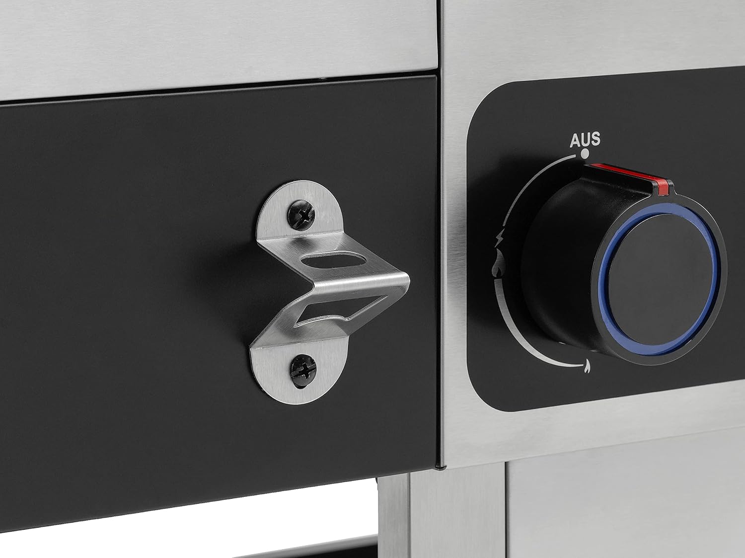 Close-up of a control knob and bottle opener on the Tepro Keansburg gas barbecue