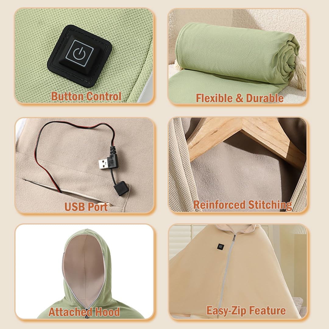 Coperta Termica Elettrica USB Con Cappuccio E Cerniera | Impostazioni A 3 Temperature, Comfort Su Entrambi I Lati, Lavabile in Lavatrice E Sicuro (Verde,Confezione Scatola Regalo)