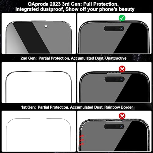 Miniatura 2 de OAproda Protector de pantalla de privacidad para iPhone 15 Pro Max 3 generación  a prueba de polvo integrado Cobertura completa 9H+ inastillable,
