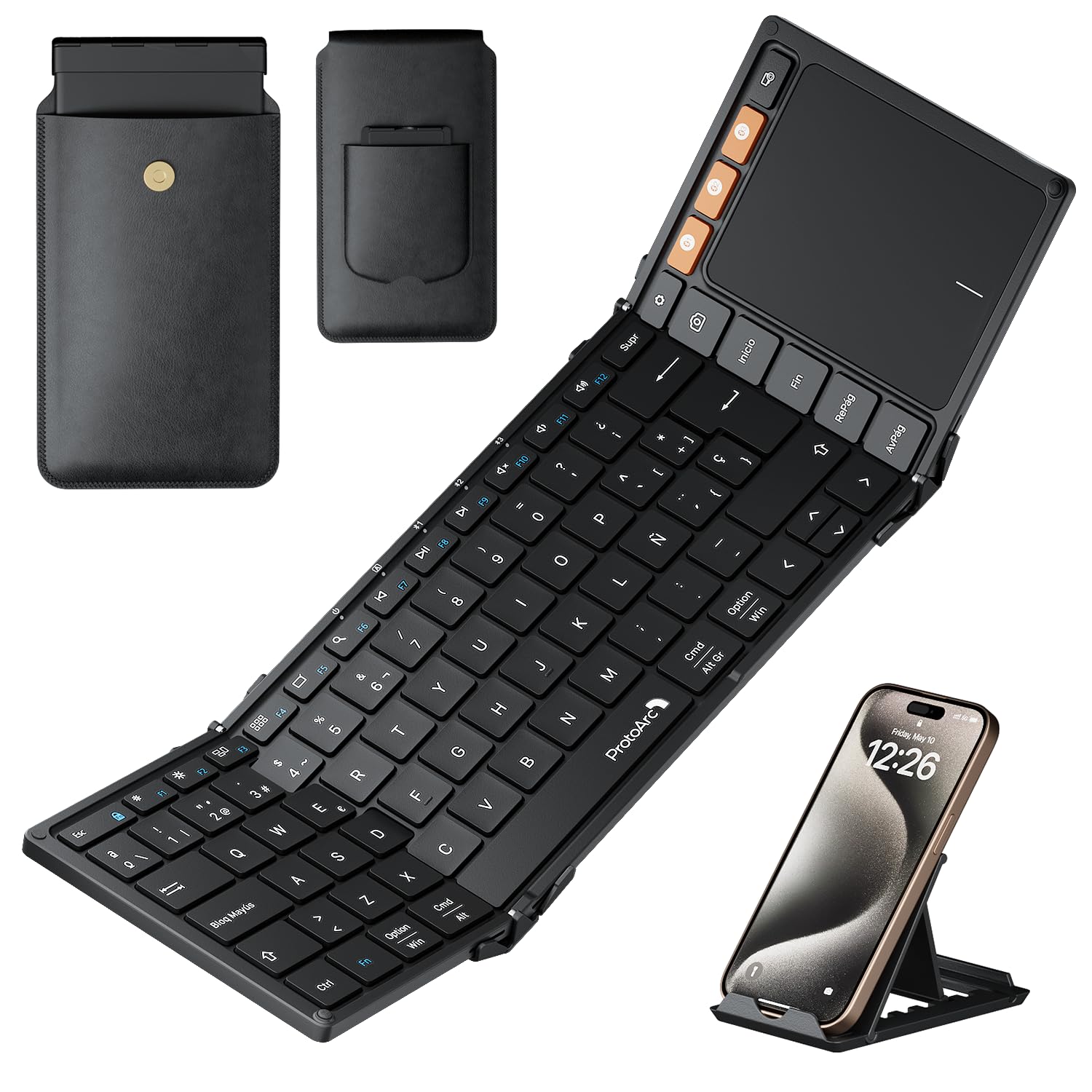 ProtoArc Teclado Inalambrico Plegable con Touchpad, XK01 TP Teclado Bluetooth Español Portatil para Viajes,Tamaño Completo para iPad, iOS, Microsoft Surface, Android, Windows PC Portátil - Negro Certificado ClimatePartner