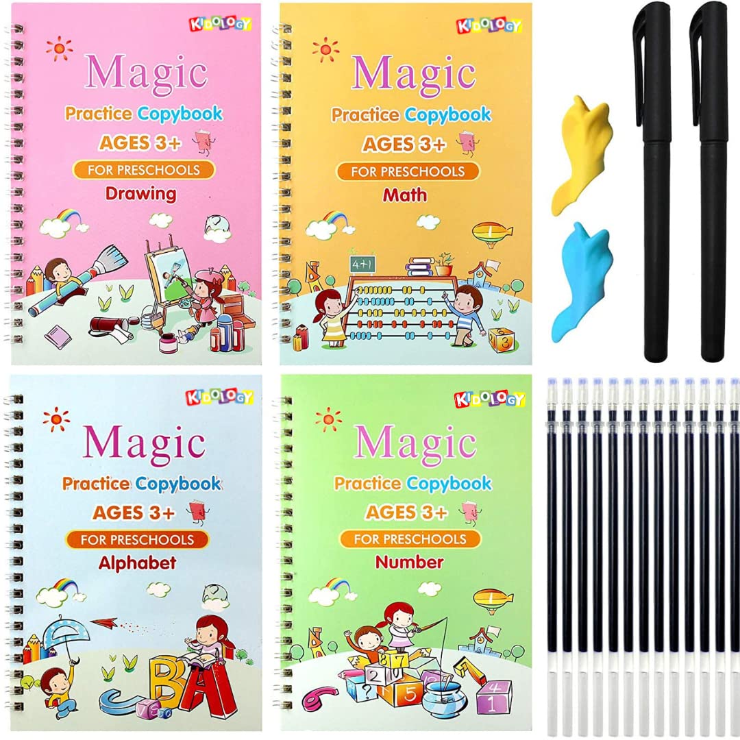 Kidology 4 pc Magic Book for Kids | Number Tracing Book Practical Reusable Writing Tool Preschool Learning Educational Toy | Magic Calligraphy Copybook (2 Pen + 10 Refill) (B0B693DCNT) Amazon Price History, Amazon Price Tracker