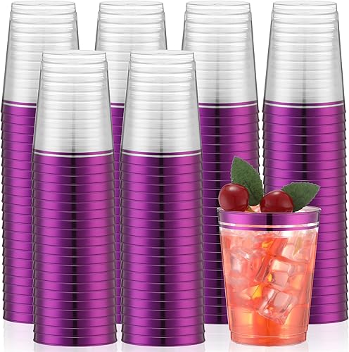 Zubebe 100 vasos desechables de plástico de 10 onzas con borde, vasos de champán transparentes, vasos de doble borde para Mardi Gras, cumpleaños,
