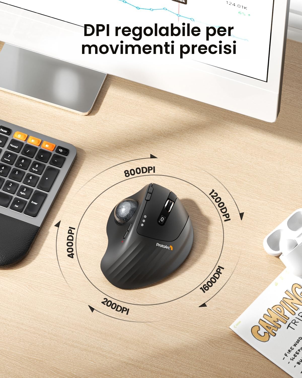 ProtoArc EM01 NL Mouse Trackball Senza Fili Ergonomico, Angolo Regolabile | Controllo Pollice, Ricaricabile, 2.4G USB e 2 Bluetooth, 5 DPI, per PC/Mac/iPad/Windows