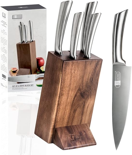 JF JAMES.F Knife Set, 6 Piece Kitchen Knife Set with Wooden Block Super Sharp Stainless Steel Knife Sets for Kitchen with Block