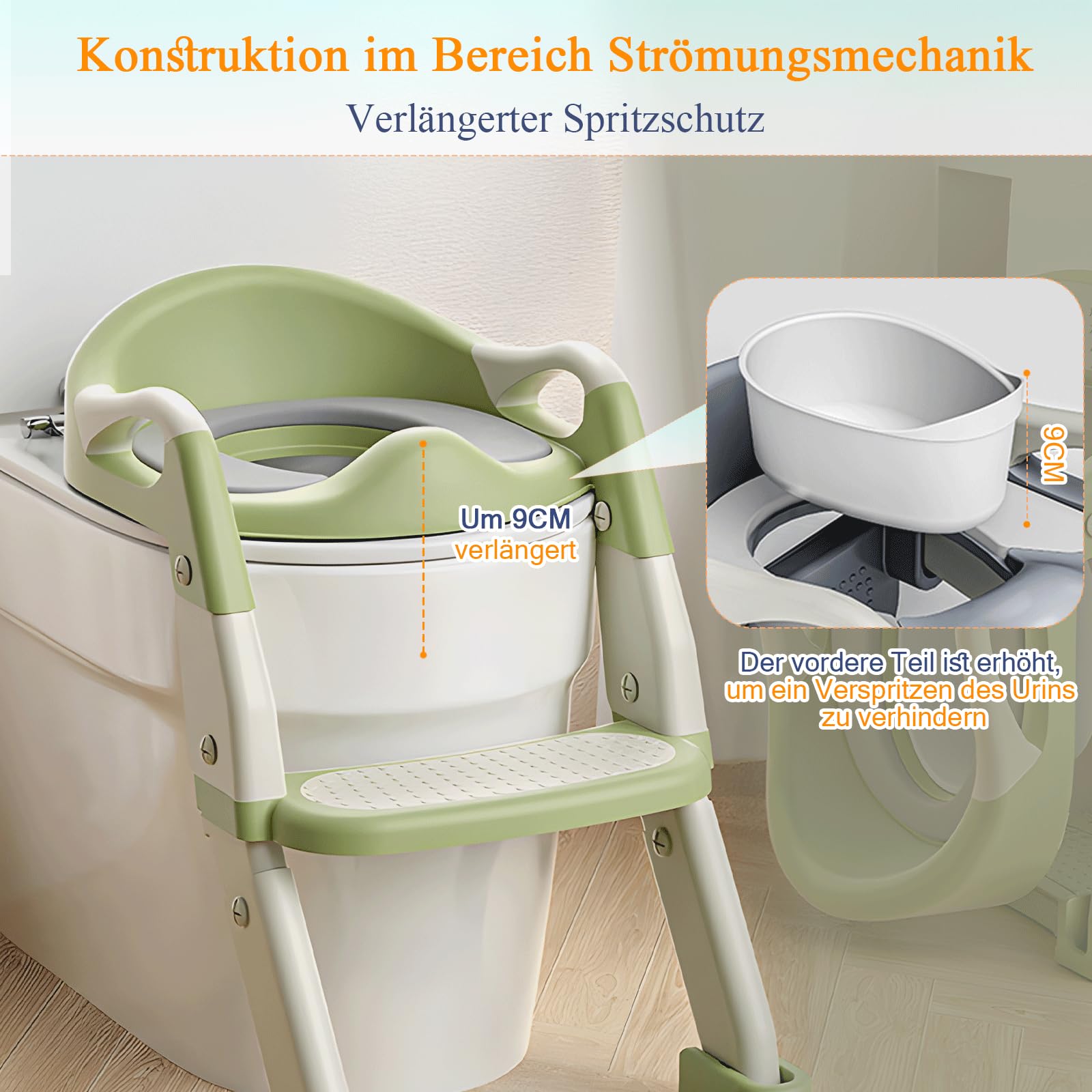 3 IN 1 Toilettensitz Kinder, Toilettenleiter für Kinder mit Verstellbar Treppe, Spritz und Rutschfestes Verlängerter Pedal- und Spritzschutz und Polster, Rutschfest und Faltbar für Jungen Mädchen Baby
