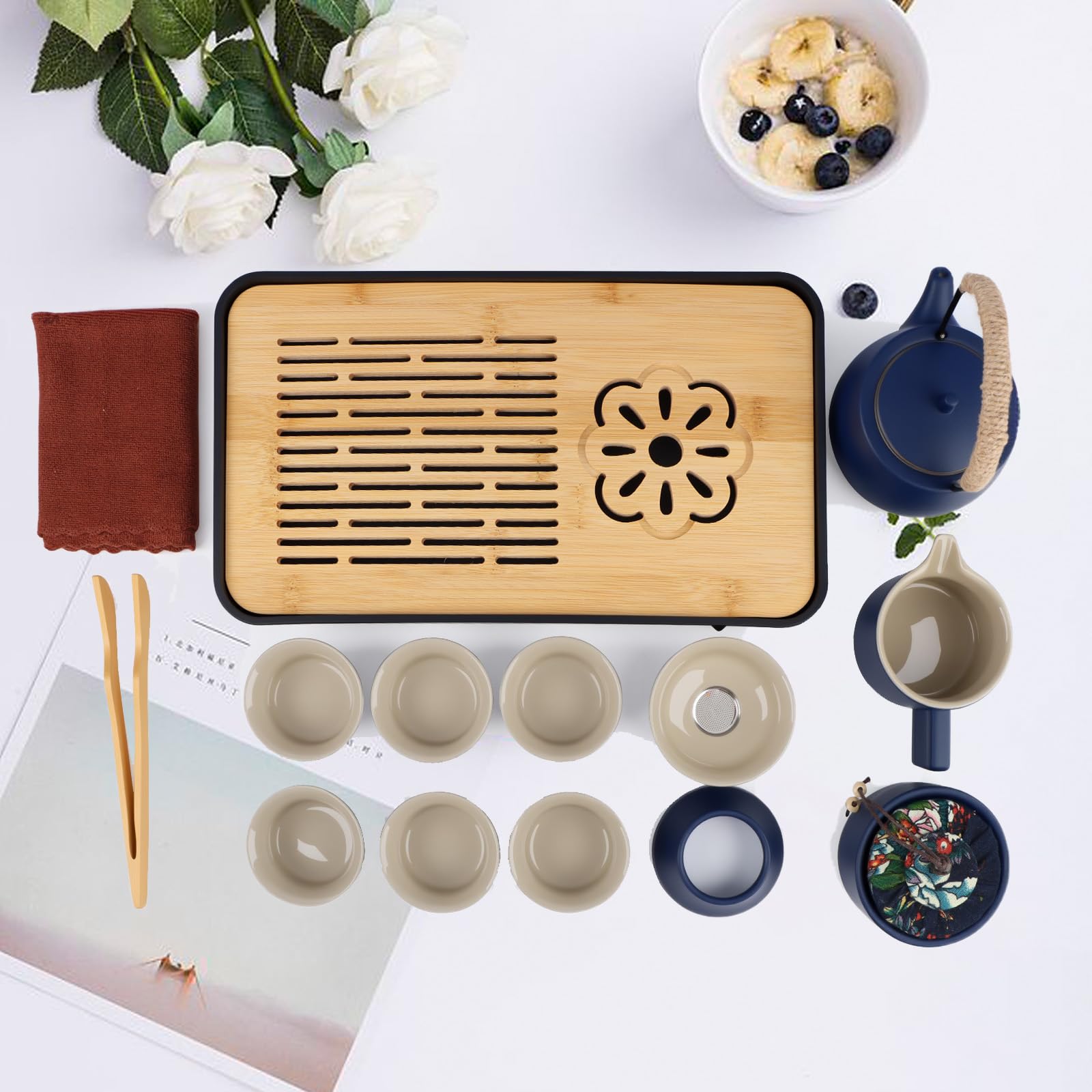 14 Pièces Thé Complet - Service à thé en Porcelaine avec et Plateau, Service à thé Japonais, Service à thé chinois pour Thé en Vrac,6 Tasses en Céramique Isolées de 120 ml,220ml Théière Thés à Fleurs
