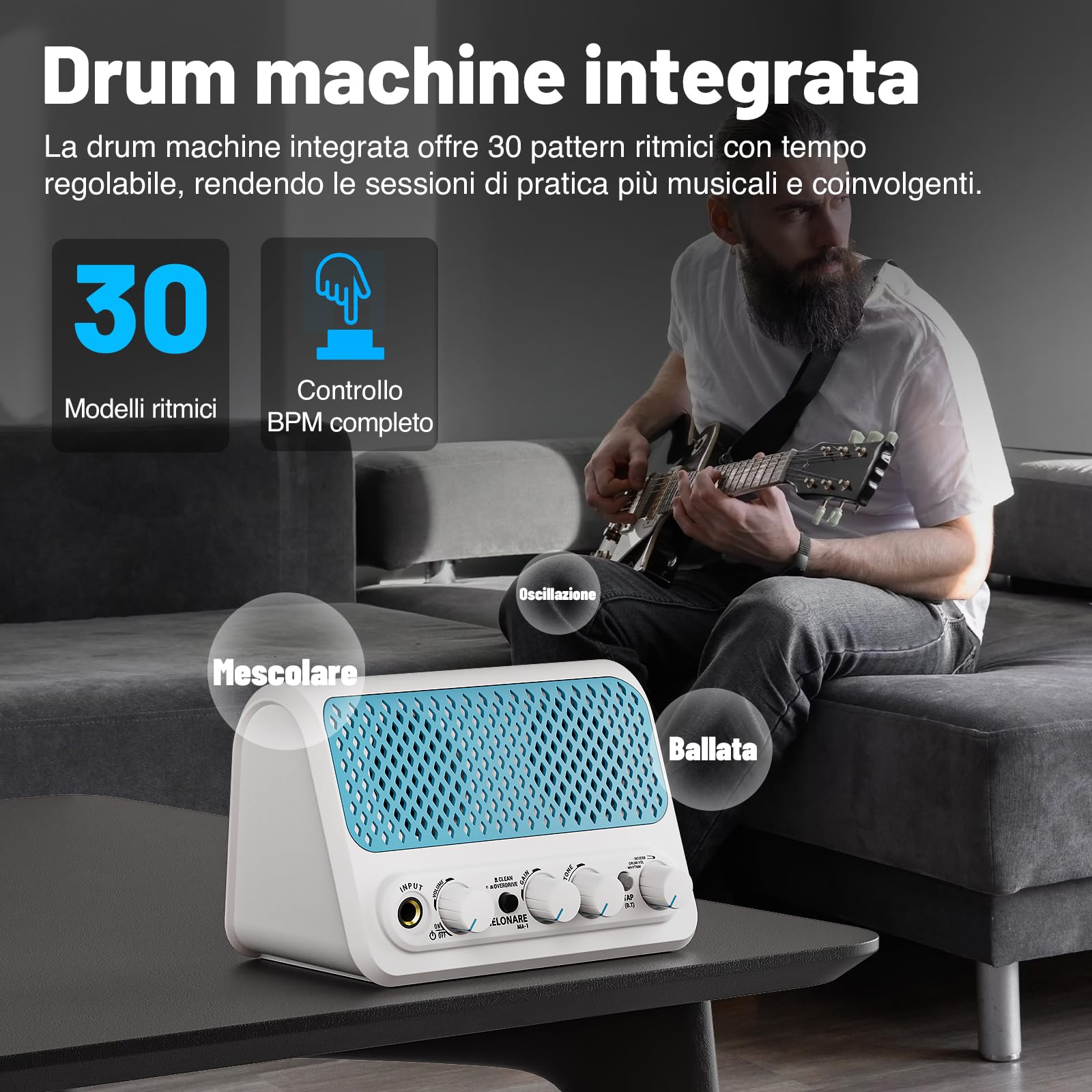 MELONARE Amplificatore mini per chitarra 10W 30 ritmi Clean MA-1 | Riverbero, BT 5.3, fino a 6 ore di autonomia, amplificatore portatile per esercitarsi, principianti, dormitorio e viaggi