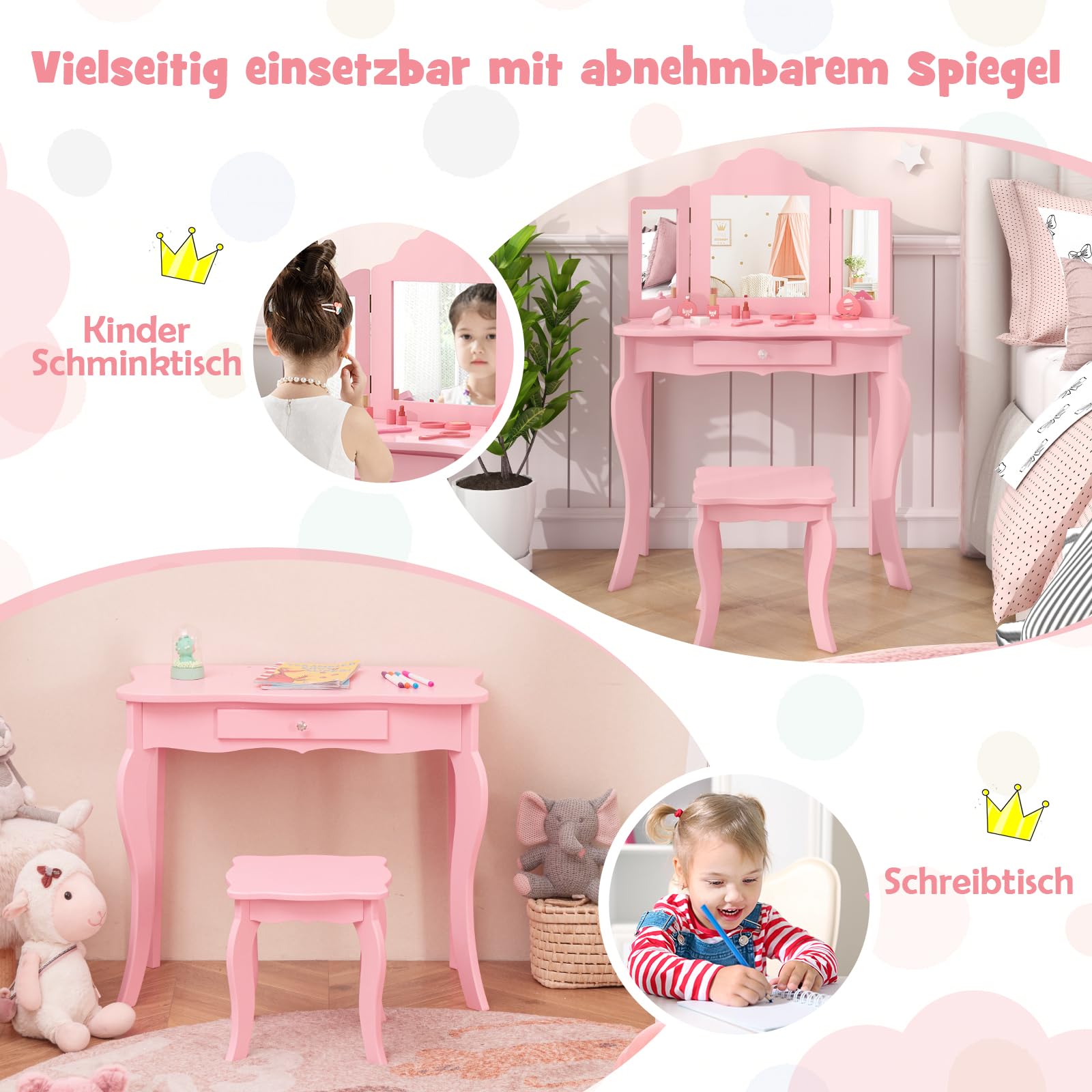 DREAMADE Schminktisch Kinder mit Hocker & Abnehmbarer Spiegel, Prinzessin Frisiertisch mit Schublade, Kinderschminktisch für Kinder Mädchen (Rosa-ohne Beleuchtung)