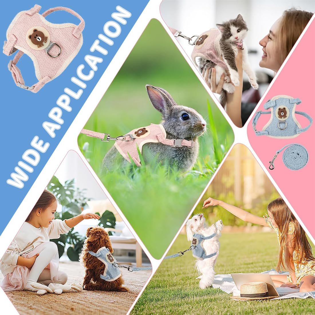 Set de 2 laisses pour Lapin - Harnais réglable pour Lapin avec Laisse - Accessoires Souples pour Chats, Petits Chiens et Autres Animaux de Compagnie - Bleu et Rose