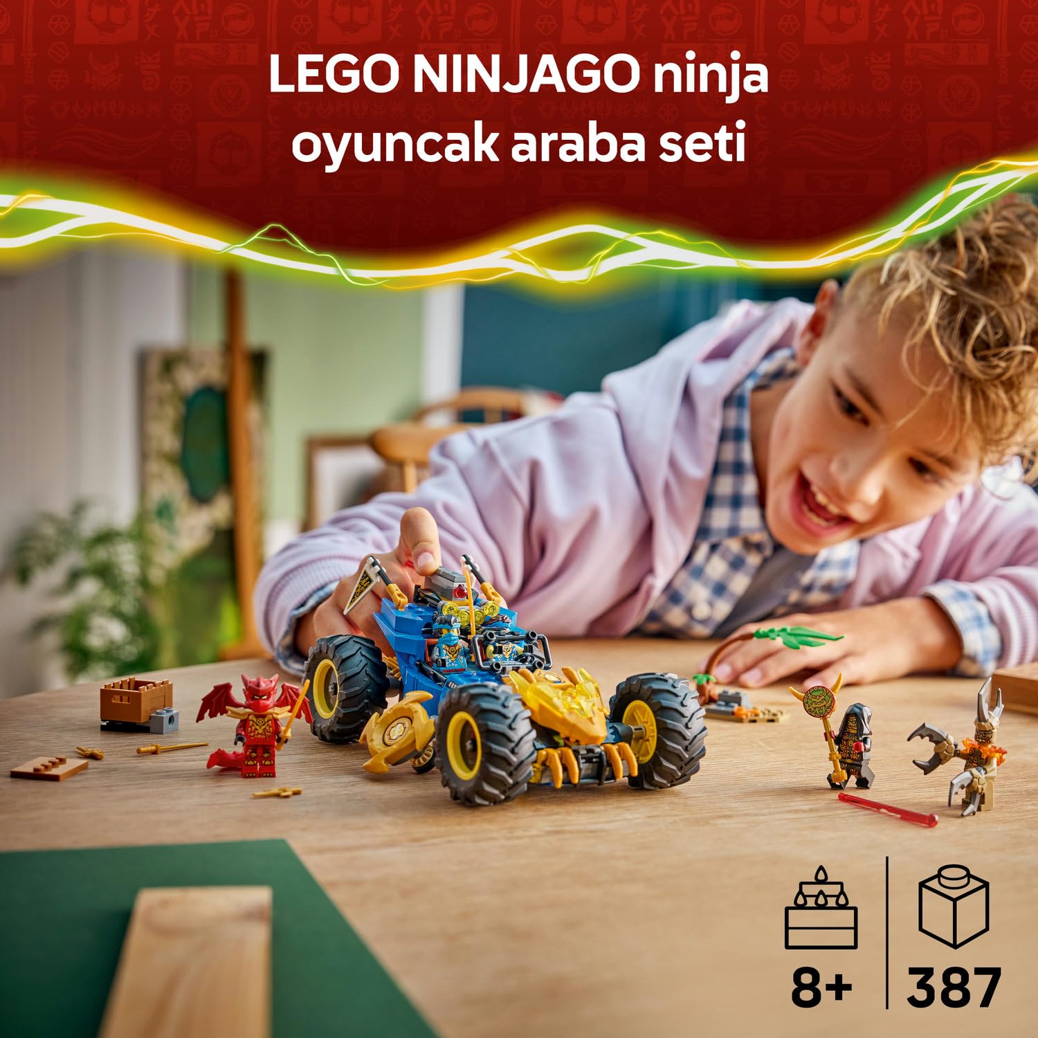 LEGO NINJAGO Jay'in Dönüşen Arabası 71856-8 Yaş ve Üzeri Çocuklar için Jay, Nya, Kai, Kötü Toprak Canavarı ve Sadık Lider Minifigürleri İçeren Yaratıcı Oyuncak Yapım Seti, Hediye Fikri (387 Parça)