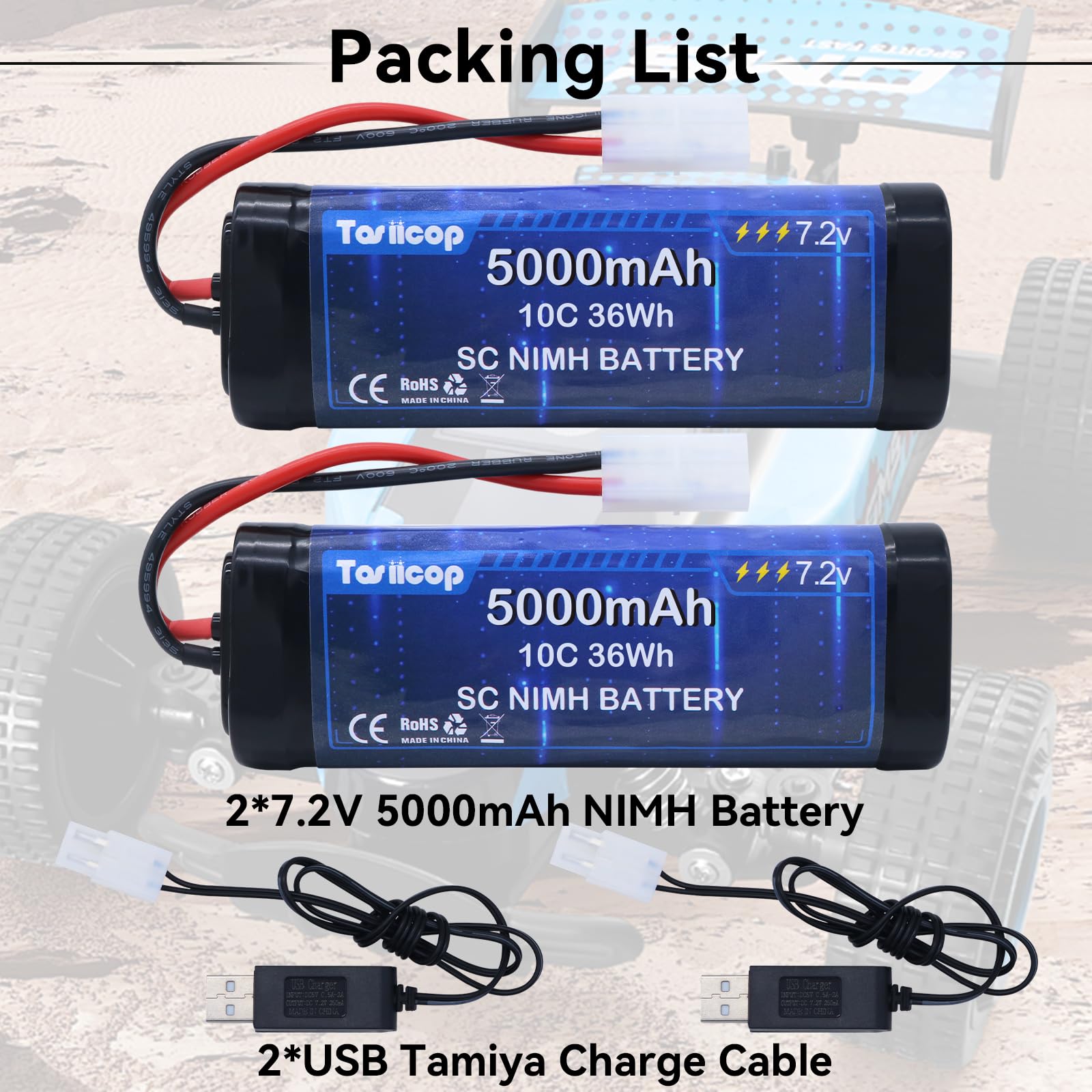 Batteria per auto radiocomandata da 7,2 V 5000 mAh, batterie ricaricabili NiMH da 7,2 Volt con connettore Tamiya, per telecomando auto, Monster Truck, Buggy, Truggy, Barca, Serbatoio e