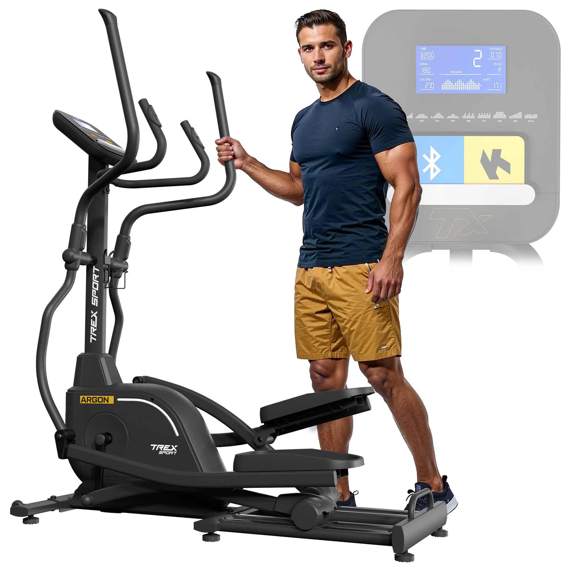 TREX SPORT Crosstrainer für zuhause Argon bis 135kg 32 Stufen Kinomap App | TX-900ECT Ellipsentrainer mit elektromagnetischem System, 18 kg Schwungrad, 32 Widerstandsstufen, 21 Programme, Schwarz