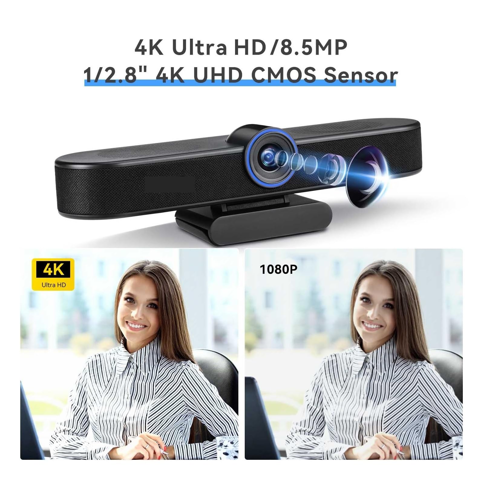 Webcam for conferenze Ultra grandangolare 4K 8 MP Zoom Digitale 5X con inquadratura Automatica Webcam for PC USB Live Streaming(A)