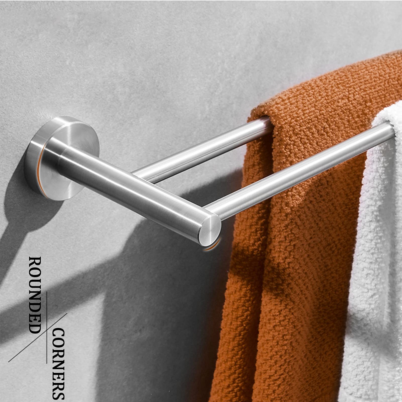 Doppio Portasciugamani da Bagno, Lungo, 40Cm-100Cm, Finitura Argento Spazzolato, Portasalviette Sustowel, Appendiabiti A Parete con Base Rotonda, Appendiabiti da Cucina/40Cm