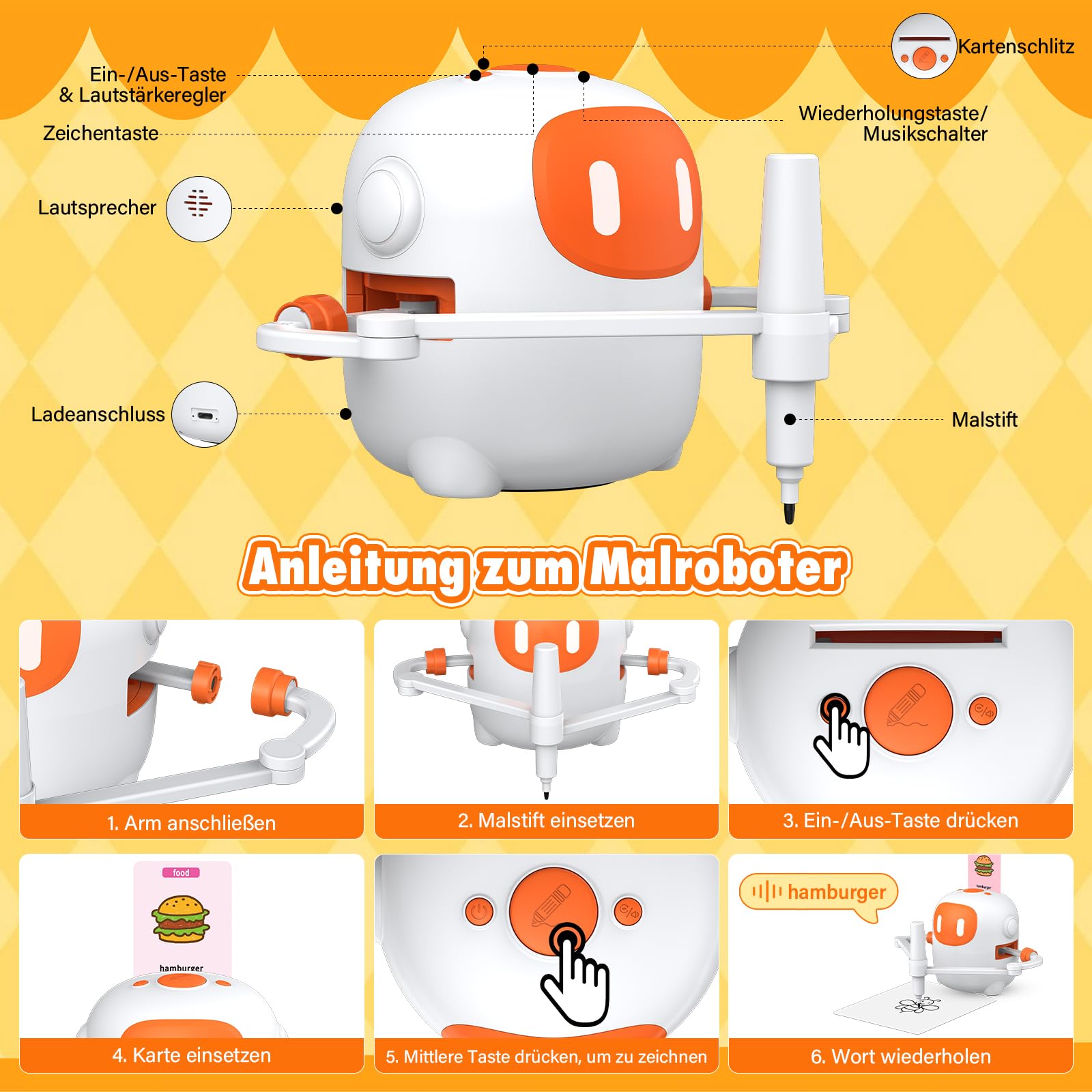Roboter Kinder, Zeichenroboter für Kinder mit Sprachfunktion - 100 Karten und Stiften für Kinder Ab 3 Jahre, zur Förderung von Kreativität & Konzentration für Jungen Mädchen, Weiß