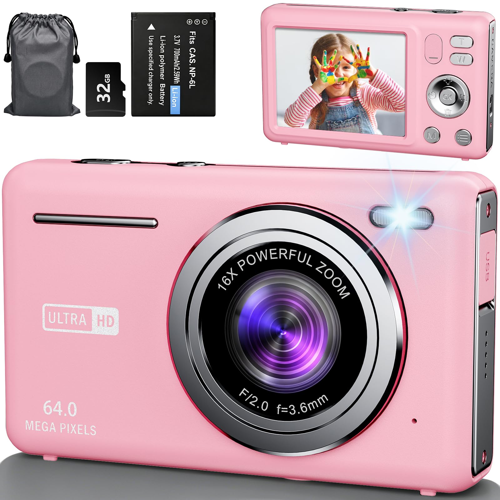 Macchina Fotografica Digitale 64MP 4K Fotocamera Digitale con Zoom Digitale 16X Ricaricabile Macchina Digitale Compatta con Scheda da 32GB per Bambini Studenti Principianti (Rosa)