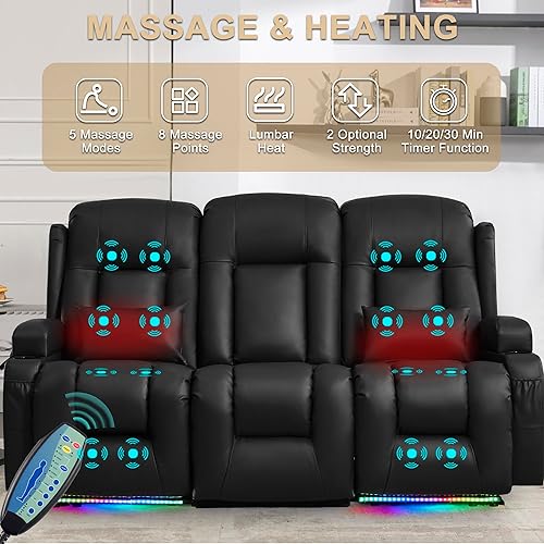 Miniatura 5 de URRED Sofá reclinable de dos plazas con masaje y calor, diseño de respaldo central abatible de 3 asientos, sofá reclinable eléctrico para