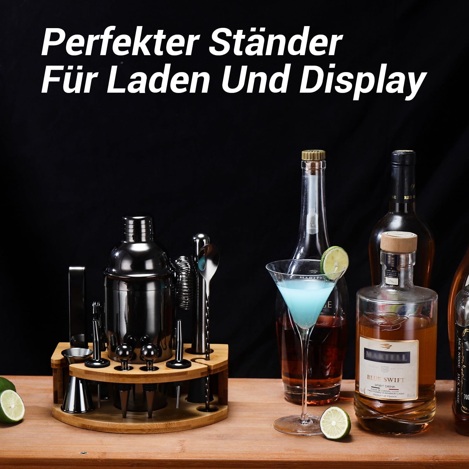 Cocktail Shaker Set, 12 Teiliges Edelstahl Bar Zubehör Set, 750ML Shaker Barkeeper Set mit Ständer, Ideales Cocktail Maschine Barkeeper Set für die Hausbar (Schwarz)