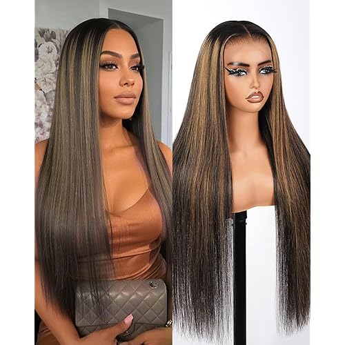 Real Bleached Knots Highlight Lace Front Wigs Human Hair 240% Density Balayage Glueless Wigs Human Hair 36 inch 13x4 Ombre Straight Lace Front Wig Pre Plucked FB27