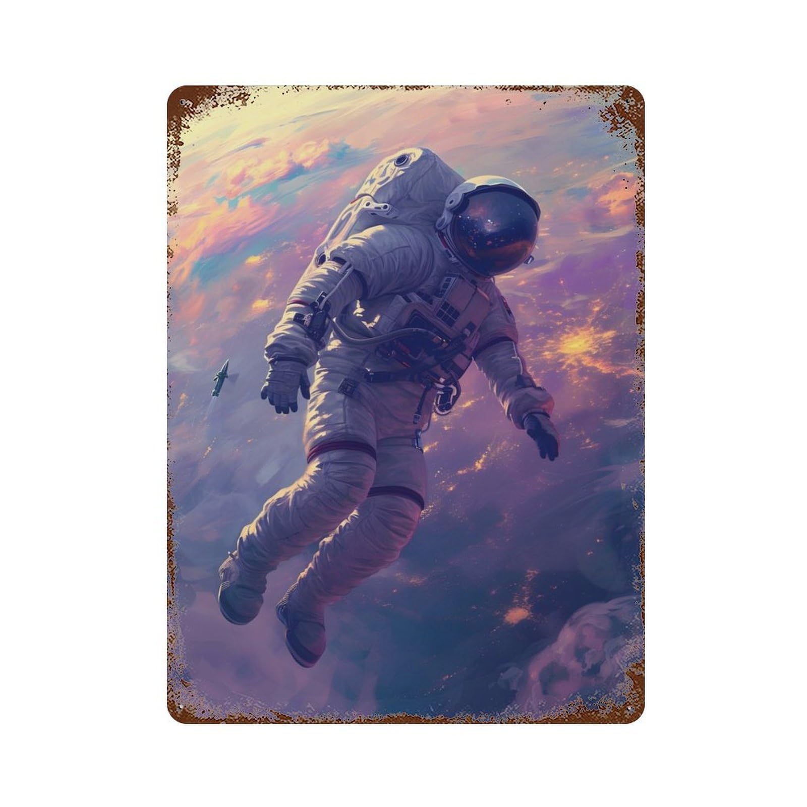 Weathered Tin Sign with Astronaut Lost in Space Design 15.7"x11.8", for Basement, Hobby Room And Garage Decor, Industrial Home Decor