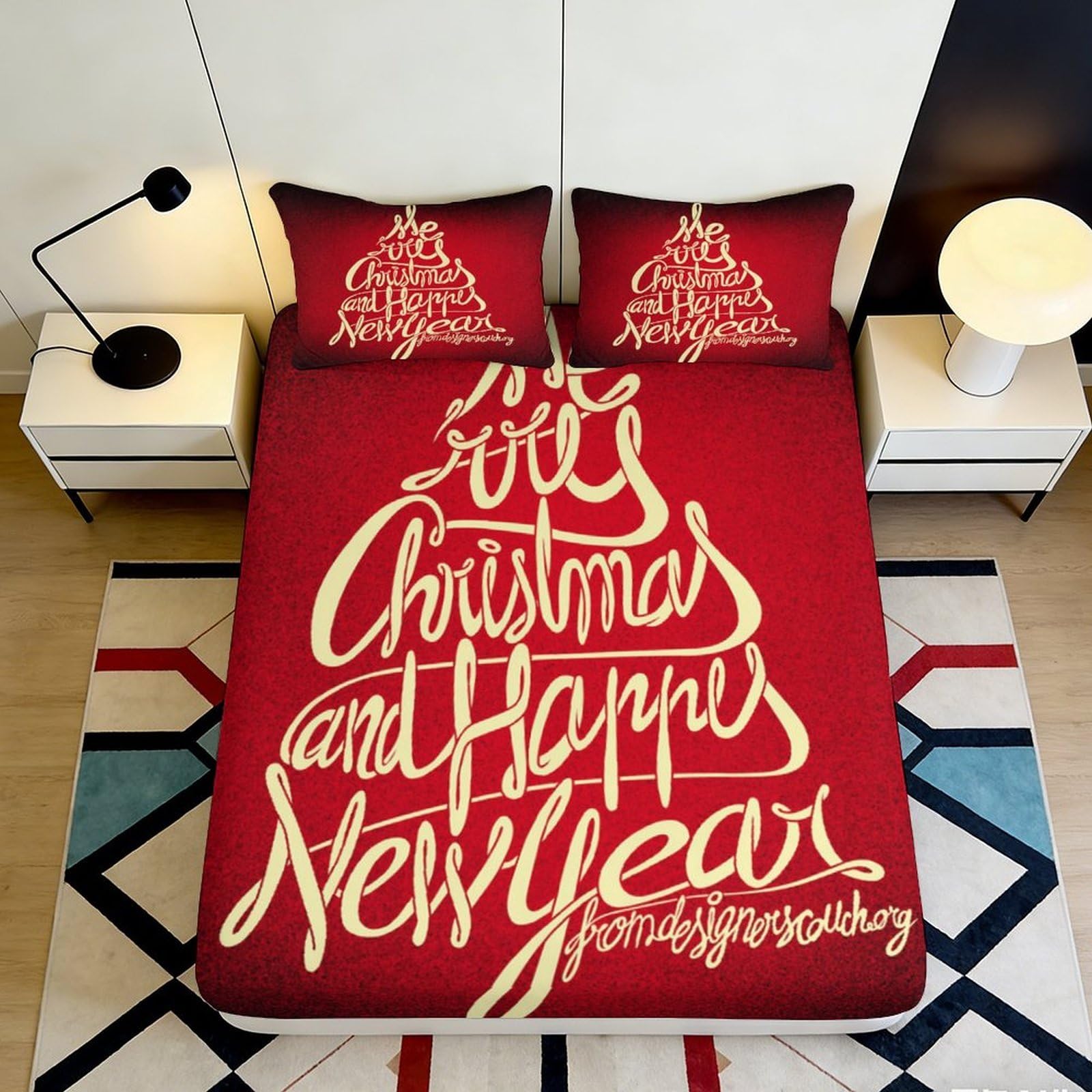 3D Printed Christmas Red Fitted Sheet Microfiber Soft Bed Cover for Bedroom Guest Room Dustproof Easy Care Decor 90x200x25cm