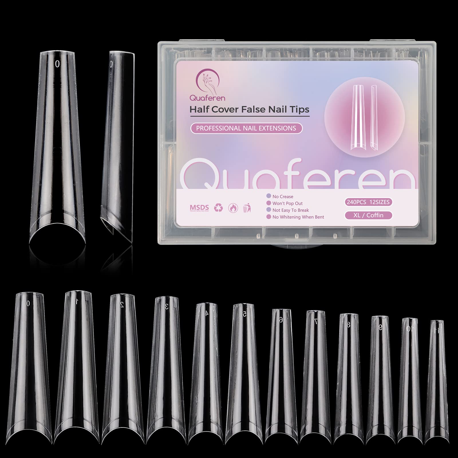 Clear Coffin Acrylic Nail Tips, 240PCS XXL Extra Long C Curve False Nail Tips for Acrylic Nails Professional, Half Cover Coffin Ballerina Nail Tips, Artificial Nails Extension Fake Nail Tips 12 Sizes