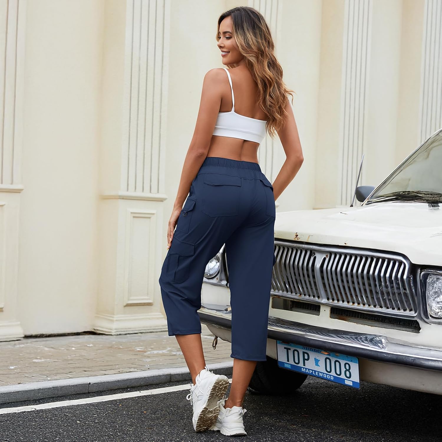 Womens Capris with Pockets Stretch Shorts Hiking Cargo Quick Dry Elastic Waist Long Shorts - Image 2