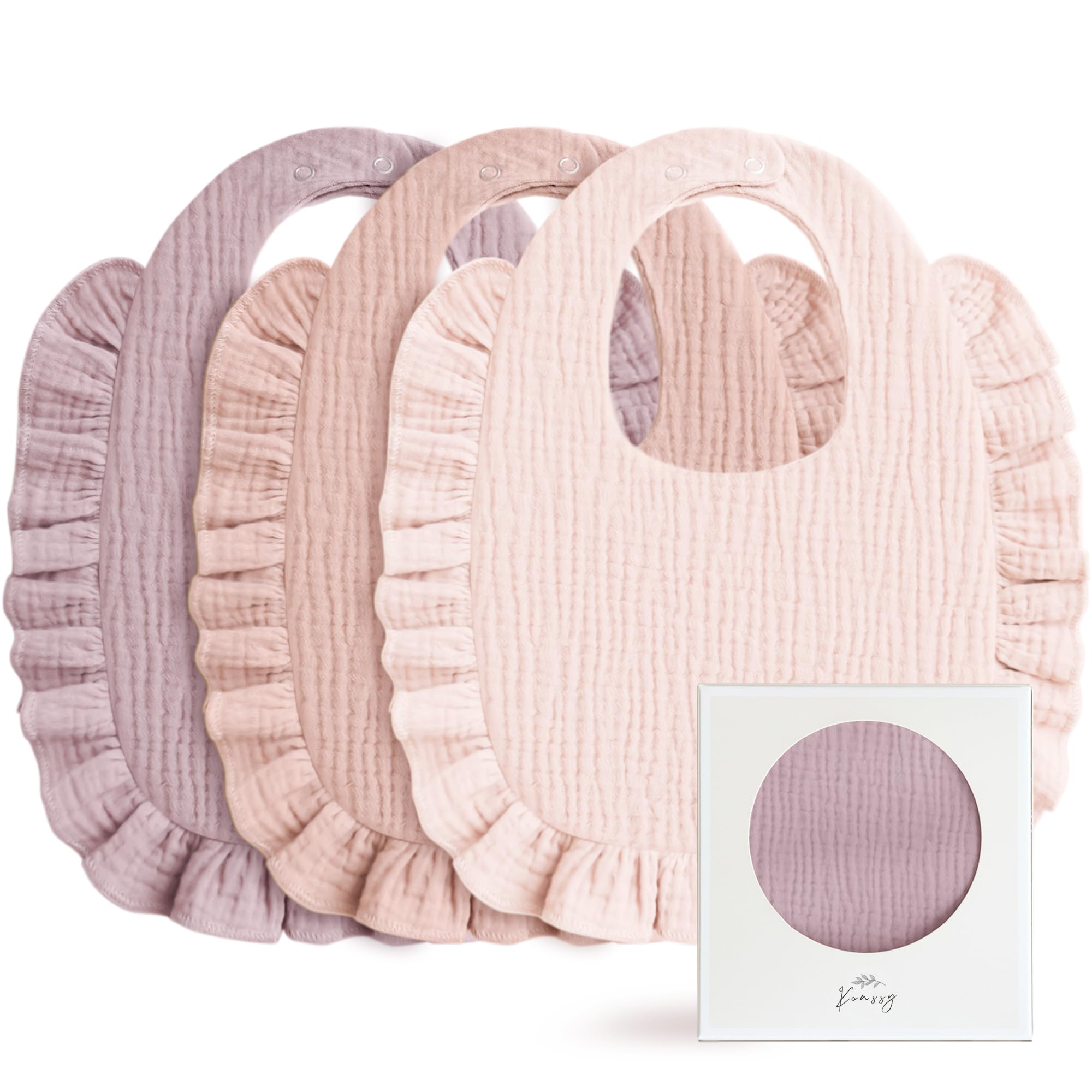 Konssy Muslin Baby Bibs for Girls – Soft 100% Cotton Drool Bibs, Ruffle Trim for Newborns & Toddlers 0-36 Months 3-Pack