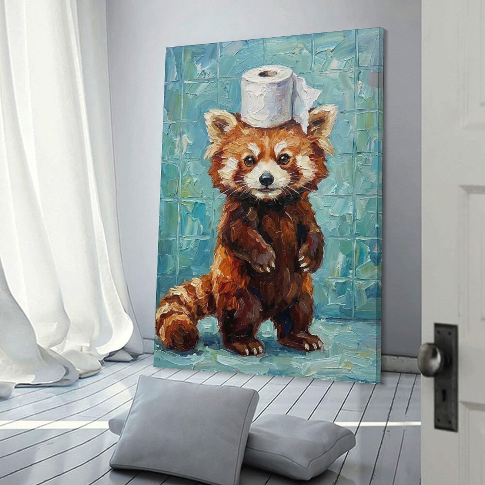 Junmoney Decorative Wall Artwork Red Panda with Toilet Paper, 20x30inch(50x75cm), for New Homes, Bedrooms Or Workspaces, Canvas Artwork with Gifting Potential