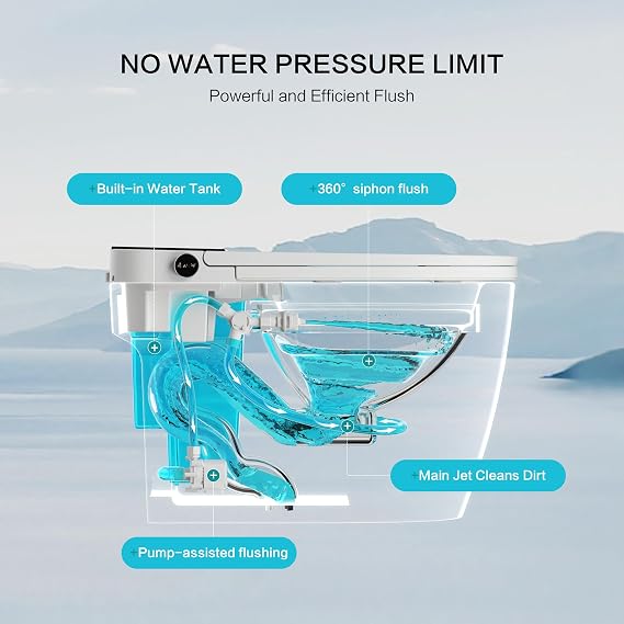 Smart Toilet with Built-In Bidet and Tank Heated Seat, Dual Flush 0.92/1.24 GPF, Auto Flush with Foot Sensor, Foam Shield, Warm Water, Dryer, Remote, Night Light