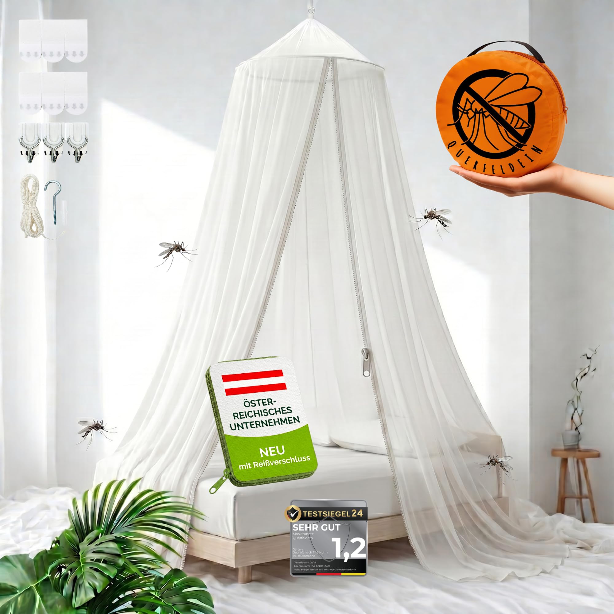 Querfeldein Mosquitera con cremallera para cama doble de 180 x 200 cm, para camping y viajes, para balcón y terraza (2,5 m, con cremallera)