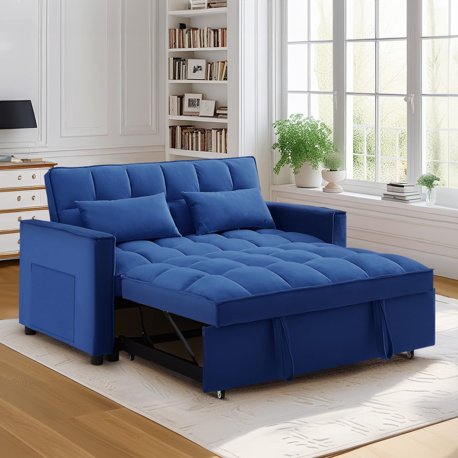 55-inch Small Futon Sofa Bed, Modern Tufted Velvet 3 in 1 Convertible Sleeper Sofa with Pull Out Bed, 2 Pillows for Small Space, Living Room,