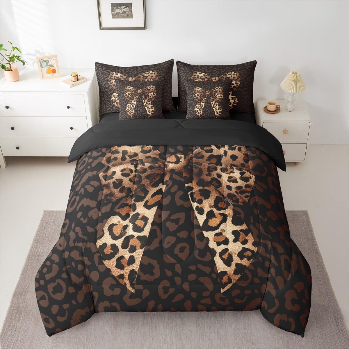Erosebridal Leopard Print Bow 7 Piece Comforter Set Queen for Girls Women Cheetah Bowknot Bedding Set Teens Coquette Bows Comforter Kids Bow Knot Ribbon Sheet Set Wildlife Fur Print Quilt Brown